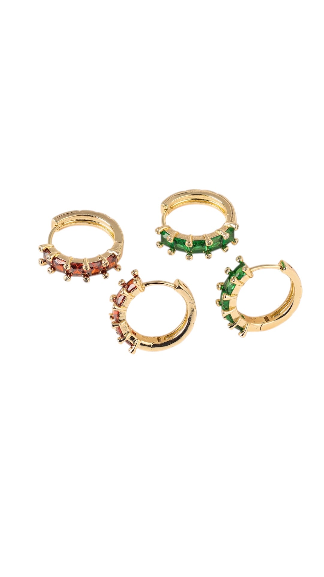 14K Gold Plated Huggie Earrings with Zirconia | Green & Red Dainty Hoops | Minimal Luxury Jewelry